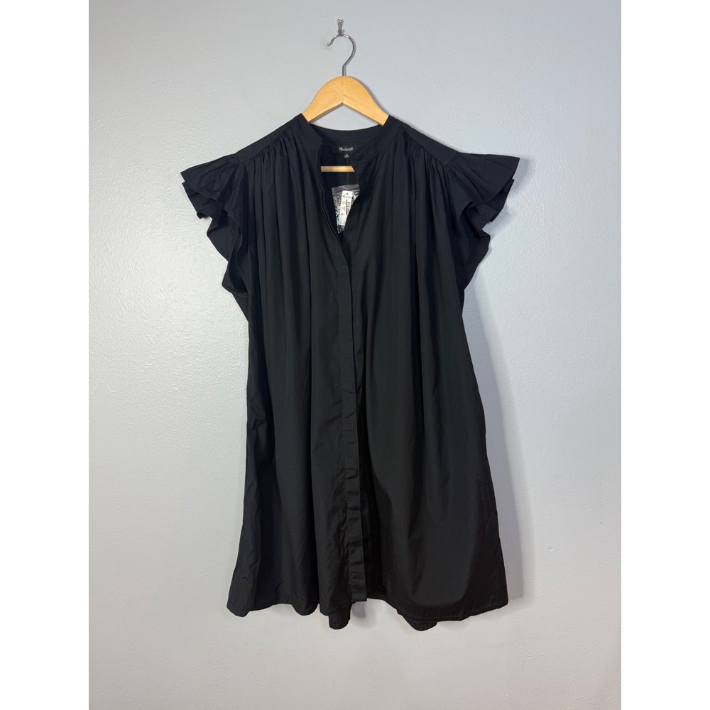 Madewell Flutter Sleeve Button-Front Mini Dress in Poplin Black Medium NWT - Picture 3 of 8
